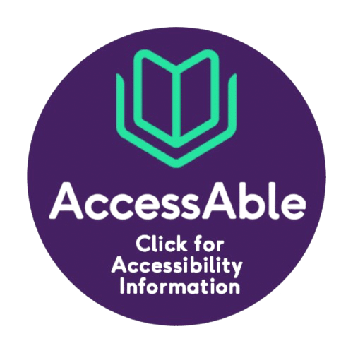 A circular emblem with a gradient green background and a stylized icon of an open book in the center, accompanied by the text "accessable - click for accessibility information" in white font.