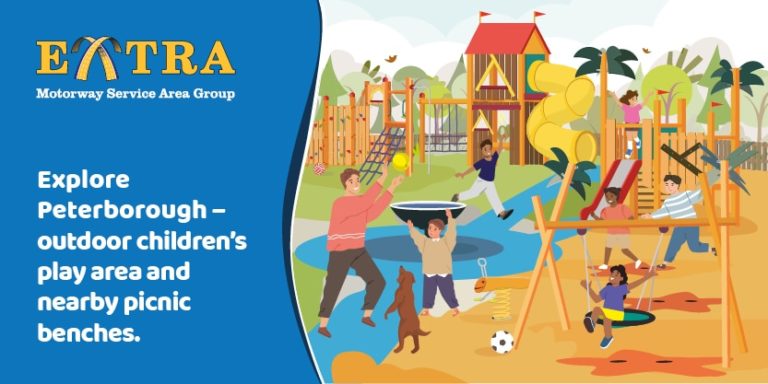 Illustration of children playing in an outdoor area with slides and swings, adults nearby, and a picnic area, under the logo "Extra Motorway Service Area Group.